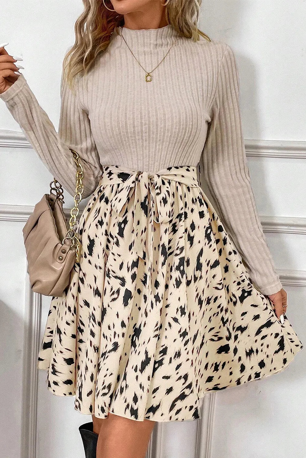 Tied Printed Mock Neck Long Sleeve Dress - BIT OF THIS BIT OF THAT