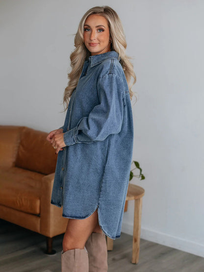 Button Up Collared Neck Long Sleeve Denim Dress - BIT OF THIS BIT OF THAT