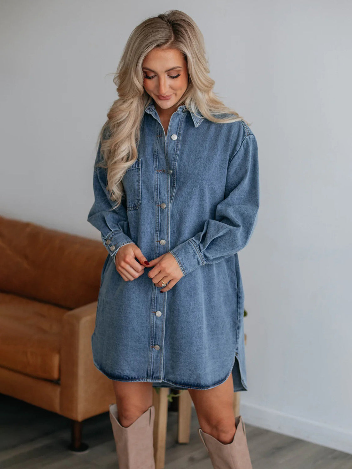 Button Up Collared Neck Long Sleeve Denim Dress - BIT OF THIS BIT OF THAT