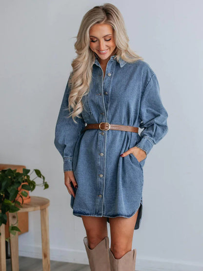 Button Up Collared Neck Long Sleeve Denim Dress - BIT OF THIS BIT OF THAT