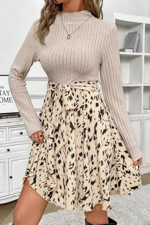 Tied Printed Mock Neck Long Sleeve Dress - BIT OF THIS BIT OF THAT