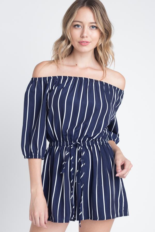 Women's Off Shoulder Stripe Romper - BIT OF THIS BIT OF THAT