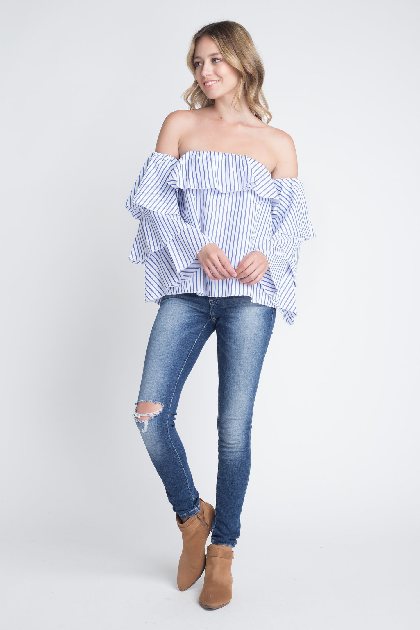 Women's Off Shoulder Stripe Ruffle Long Sleeve Top - BIT OF THIS BIT OF THAT