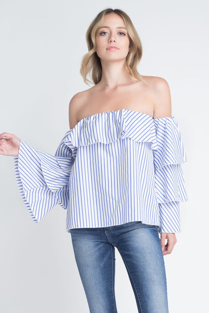 Women's Off Shoulder Stripe Ruffle Long Sleeve Top - BIT OF THIS BIT OF THAT