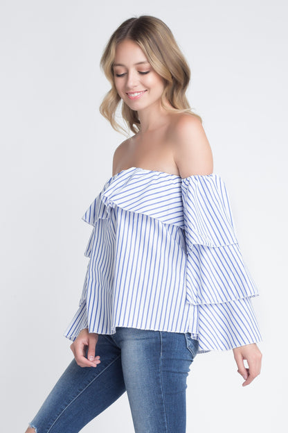 Women's Off Shoulder Stripe Ruffle Long Sleeve Top - BIT OF THIS BIT OF THAT