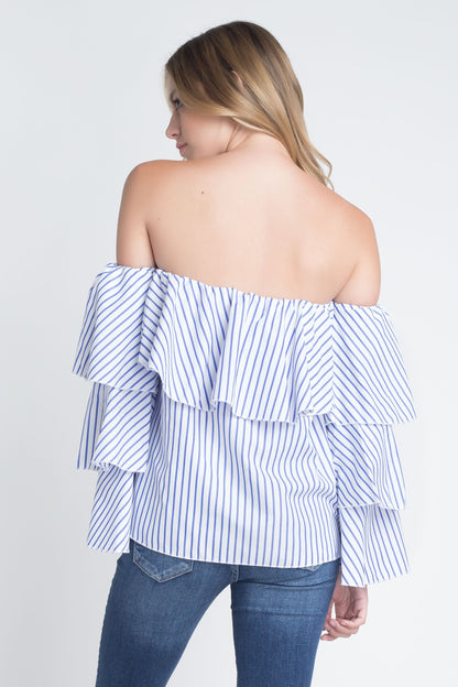 Women's Off Shoulder Stripe Ruffle Long Sleeve Top - BIT OF THIS BIT OF THAT