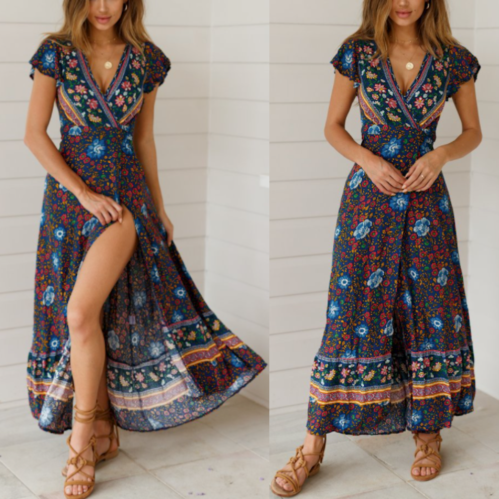 Womens Wrap Style V Neck Floral Maxi Dress - BIT OF THIS BIT OF THAT