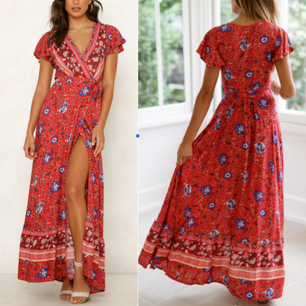 Womens Wrap Style V Neck Floral Maxi Dress - BIT OF THIS BIT OF THAT