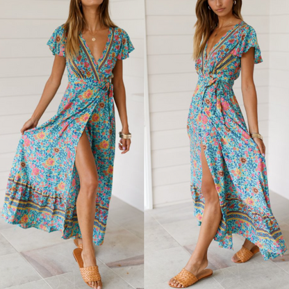 Womens Wrap Style V Neck Floral Maxi Dress - BIT OF THIS BIT OF THAT