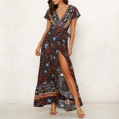 Womens Wrap Style V Neck Floral Maxi Dress - BIT OF THIS BIT OF THAT