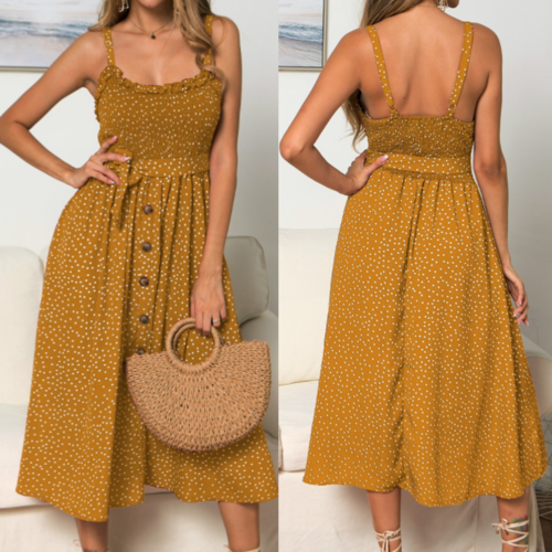 Women Spaghetti Straps Polka Dot Maxi Dress - BIT OF THIS BIT OF THAT