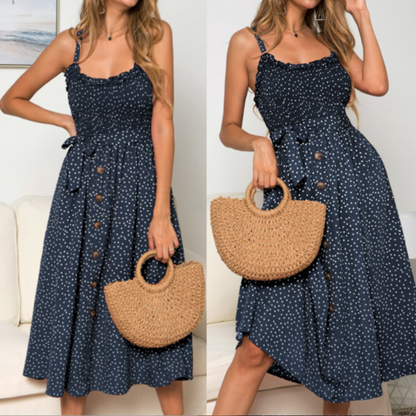 Women Spaghetti Straps Polka Dot Maxi Dress - BIT OF THIS BIT OF THAT