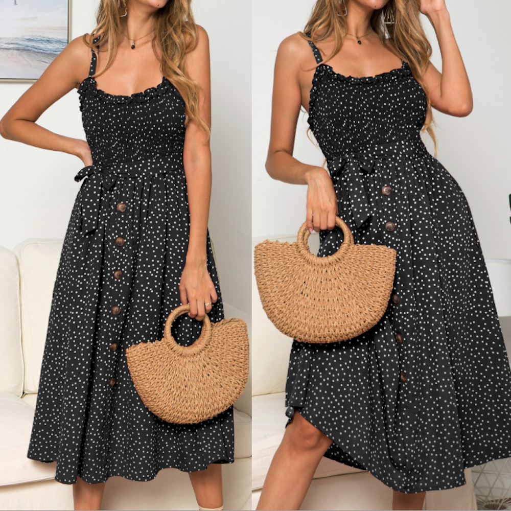 Women Spaghetti Straps Polka Dot Maxi Dress - BIT OF THIS BIT OF THAT