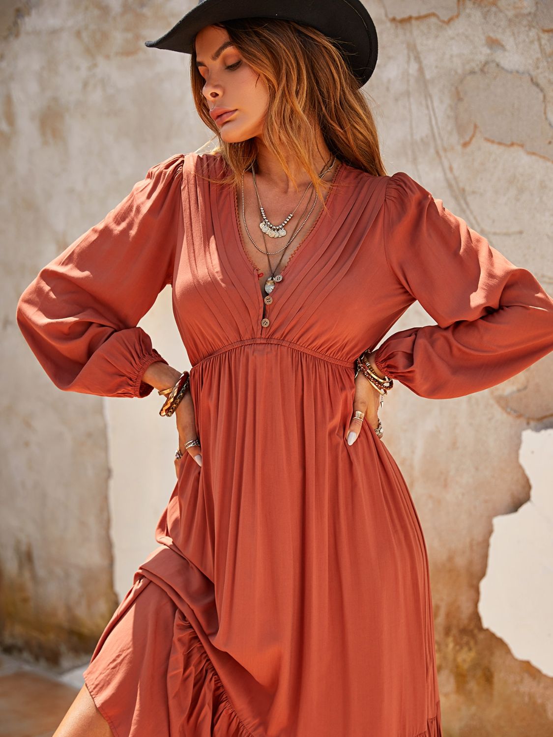 Ruched V-Neck Long Sleeve Midi Dress - BIT OF THIS BIT OF THAT